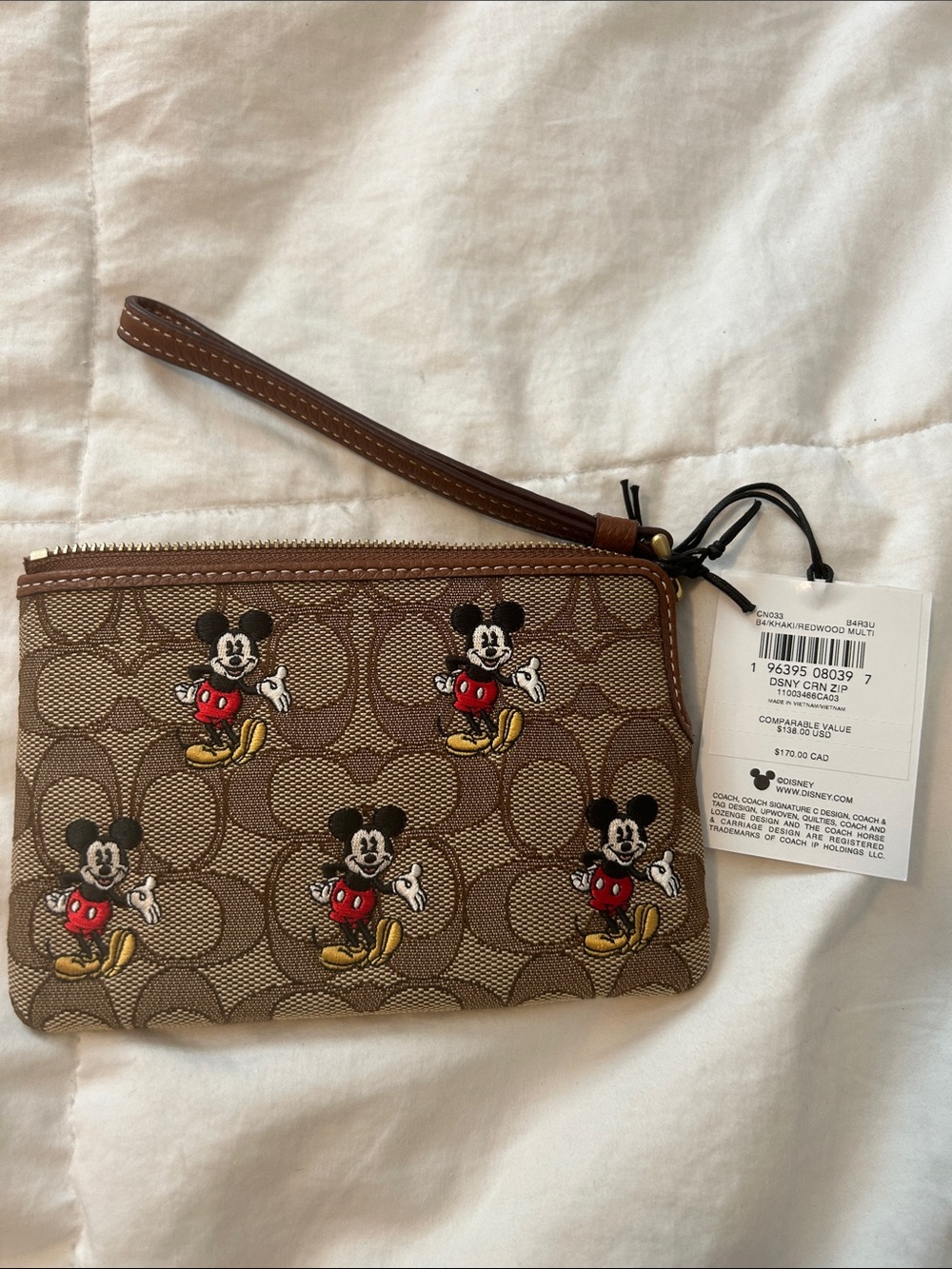Coach Signature Canvas Mickey Wristlet with Red & Yellow Accents
